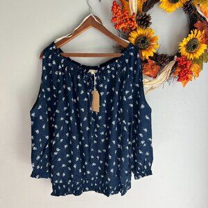 Blu Pepper Plus Smocked Cold Shoulder Top 2XL Navy White Floral